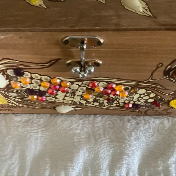 Vintage Enid Collins Texas Indian Corn Wood Box Purse Signed Mirror Inside - Picture 16 of 16